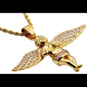 Stainless Steel Gold Plated Cherub Pendant w/cz